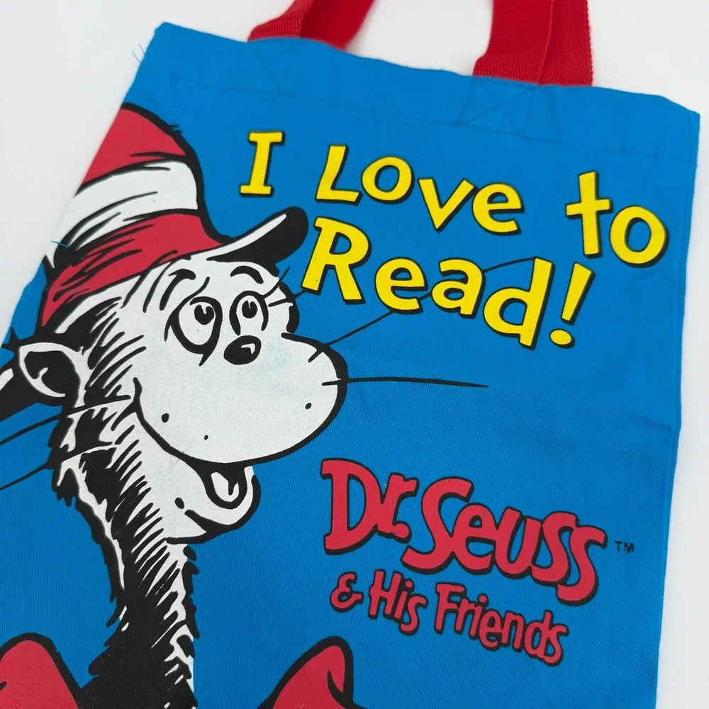 Dr. Seuss I Love‎ To Read Book Bag Vintage Tote Blue with Red Handles
